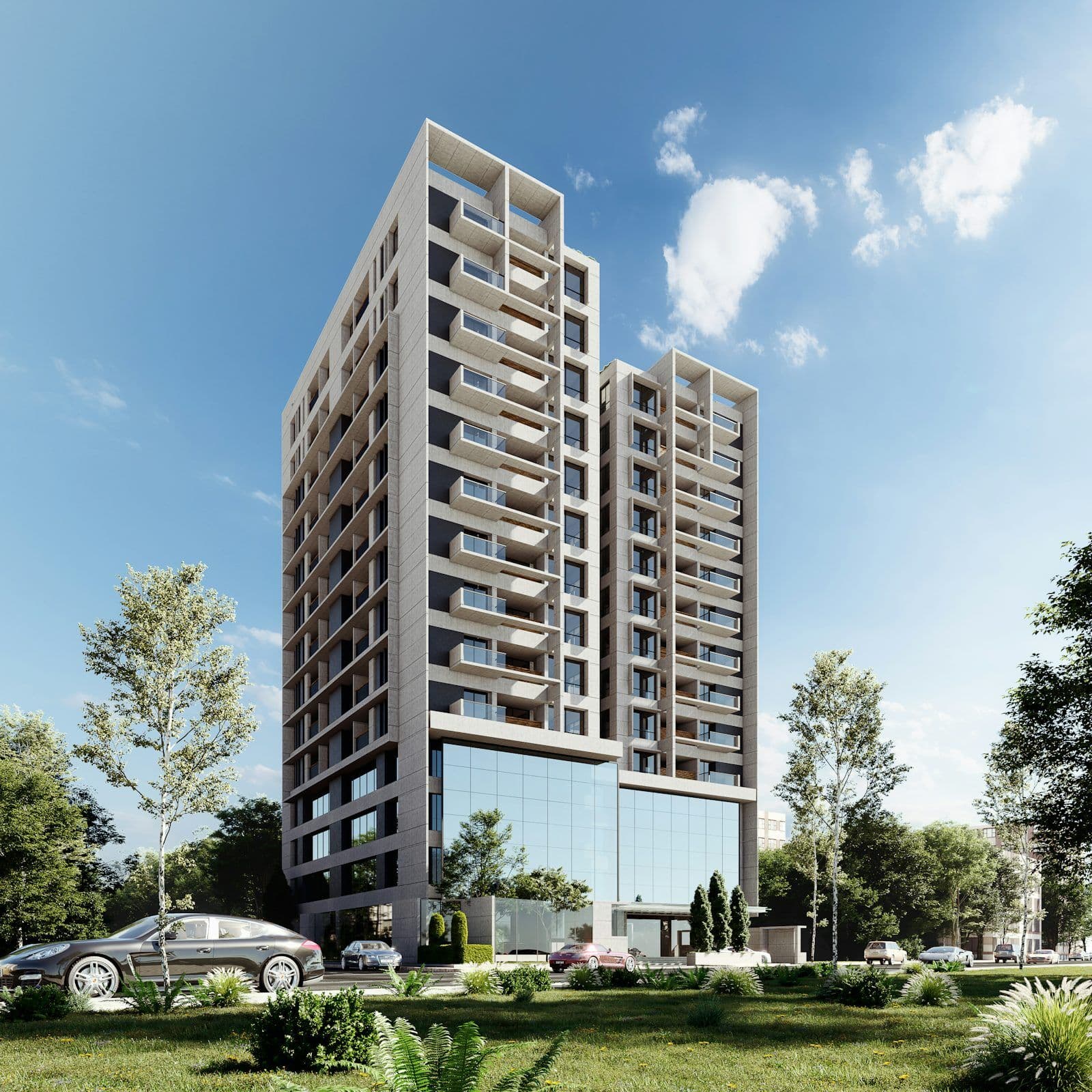 Modern apartment building with balconies