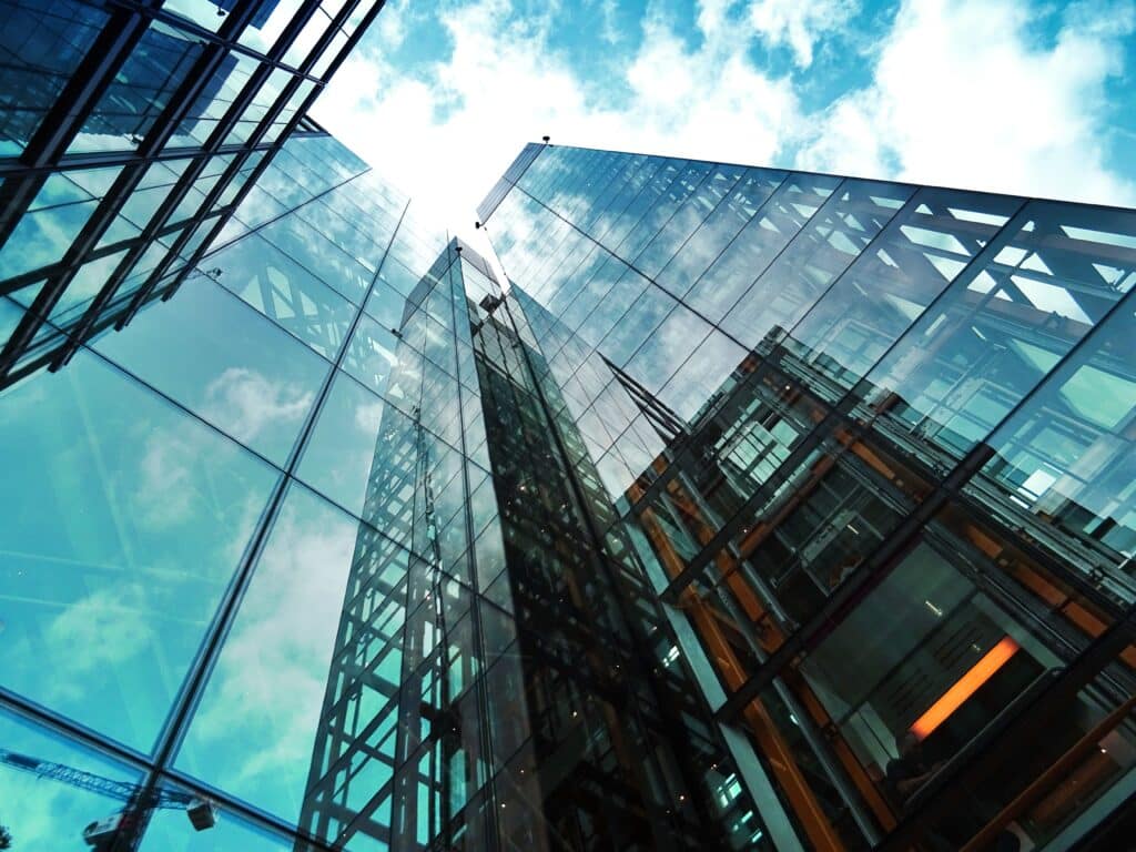 An upward view of a skyscraper